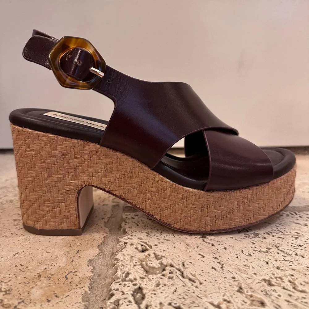 ANTONIO MELANI Dark Brown Leather Wedge Sandals with Woven Platform